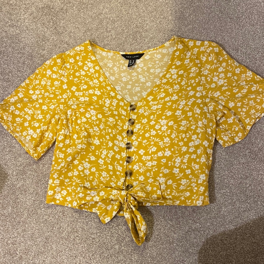 New Look Yellow Floral Tie Front Top